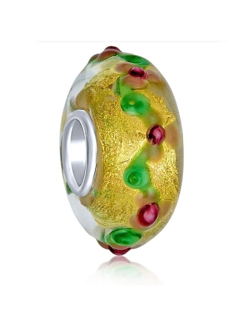 Bling Jewelry Gold Pink Flower 3D Lamp Murano Glass Sterling Silver Bead…